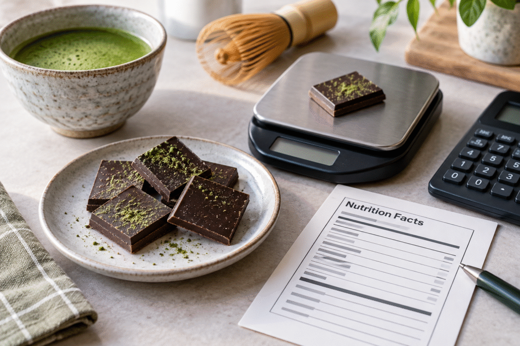Generic matcha chocolate squares on a scale beside a blank nutrition label card and calculator