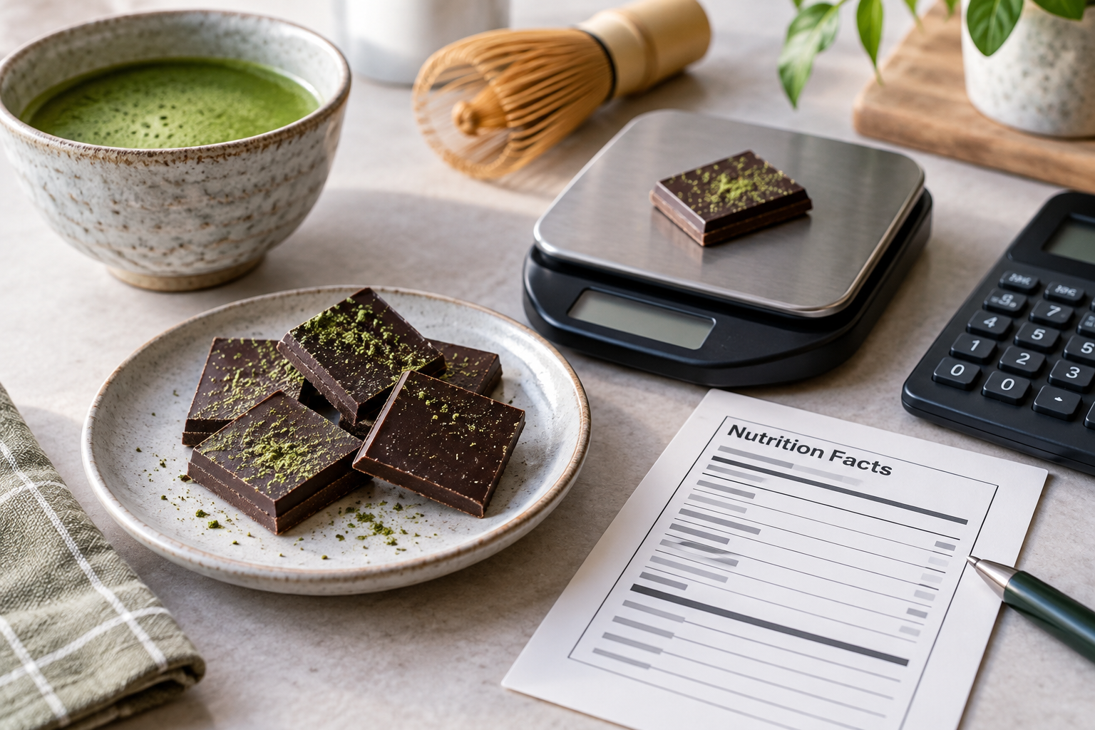 Generic matcha chocolate squares on a scale beside a blank nutrition label card and calculator