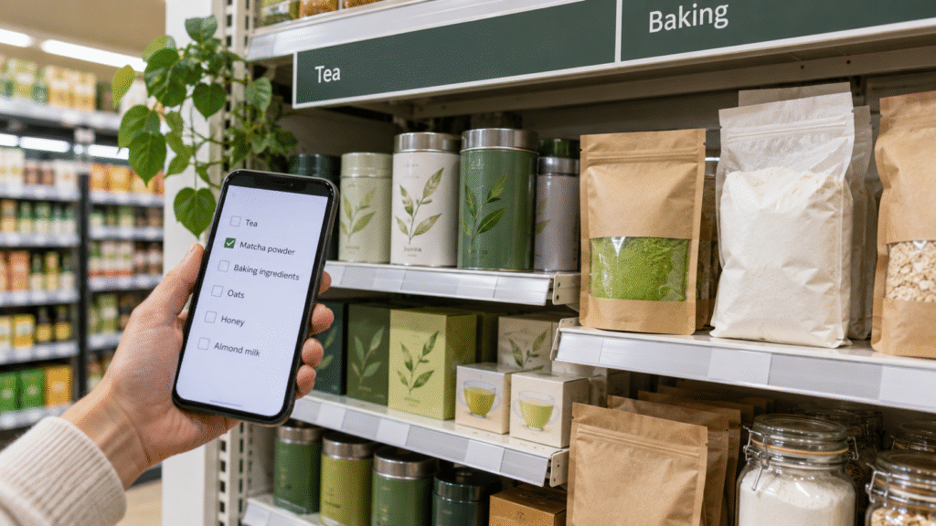 Unbranded grocery shelf with tea, baking ingredients and a matcha powder pouch