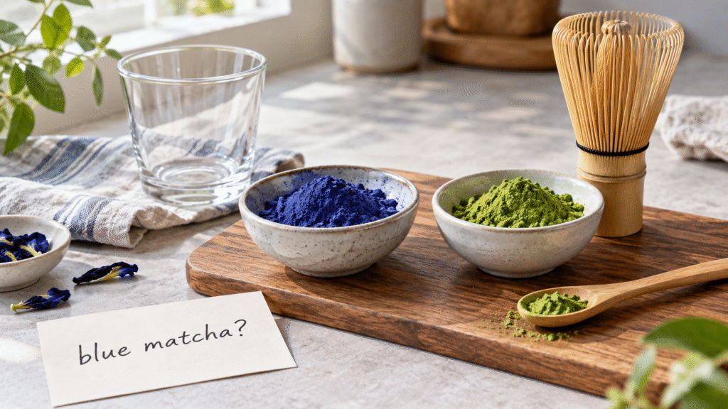 Blue butterfly pea flower powder beside green matcha powder with a bamboo whisk