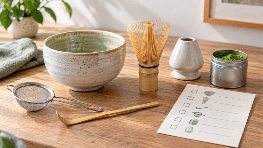 Unbranded matcha set with bowl, bamboo whisk, scoop, whisk stand, sifter and matcha tin
