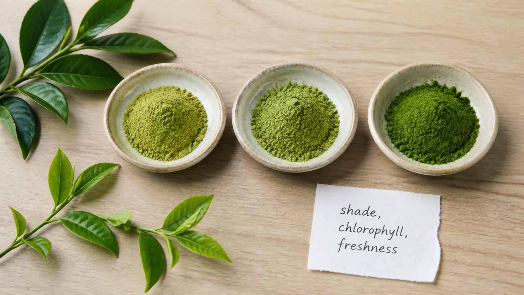 Three bowls of matcha powder in natural green tones with tea leaves and a note about shade, chlorophyll and freshness