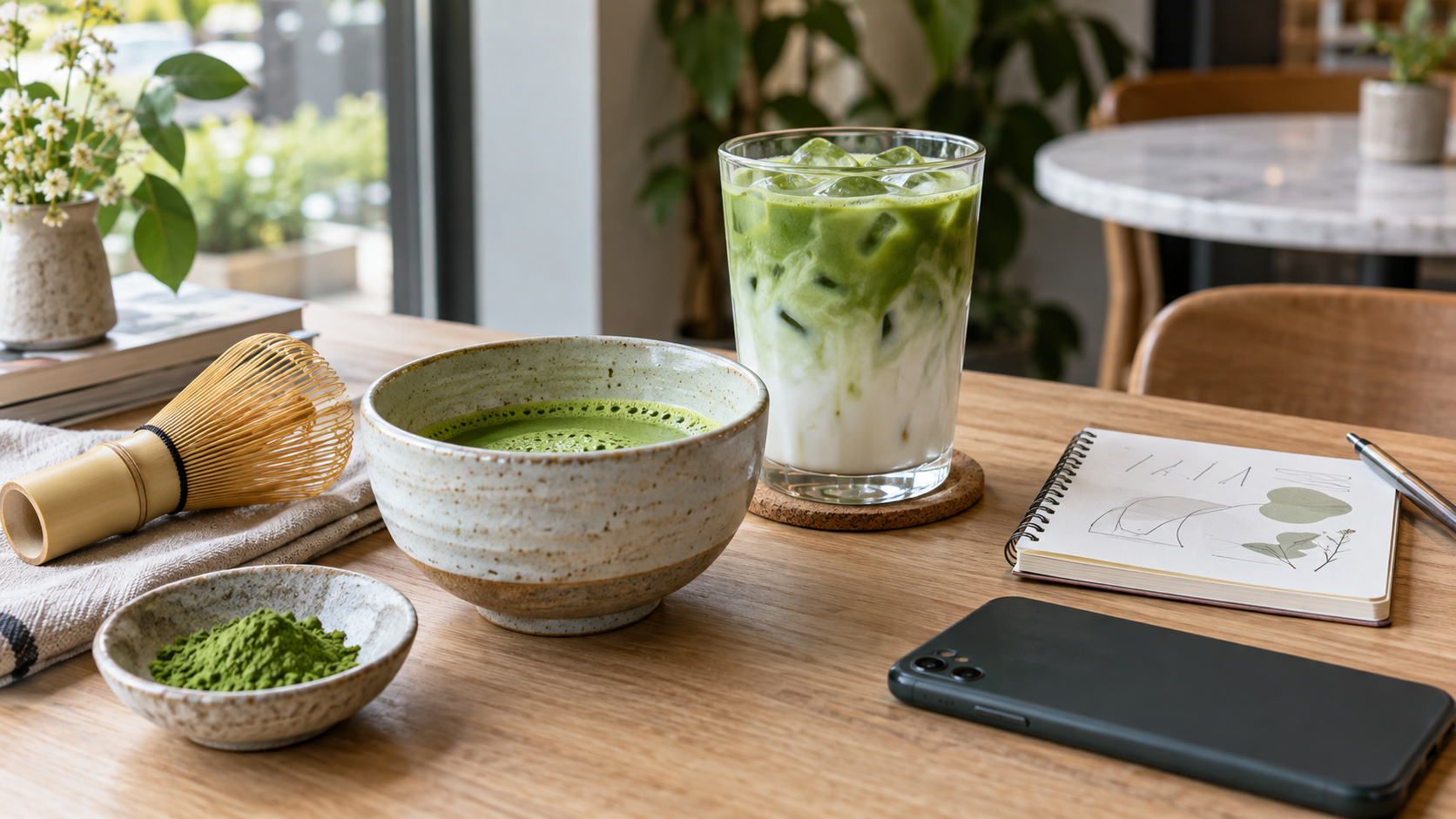 Matcha bowl, iced matcha latte, bamboo whisk, notebook and phone on a cafe table